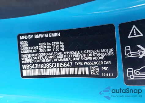 2025 BMW M4 Cs z USA, uszkodzony, nr VIN WBS43HK08SCU85647